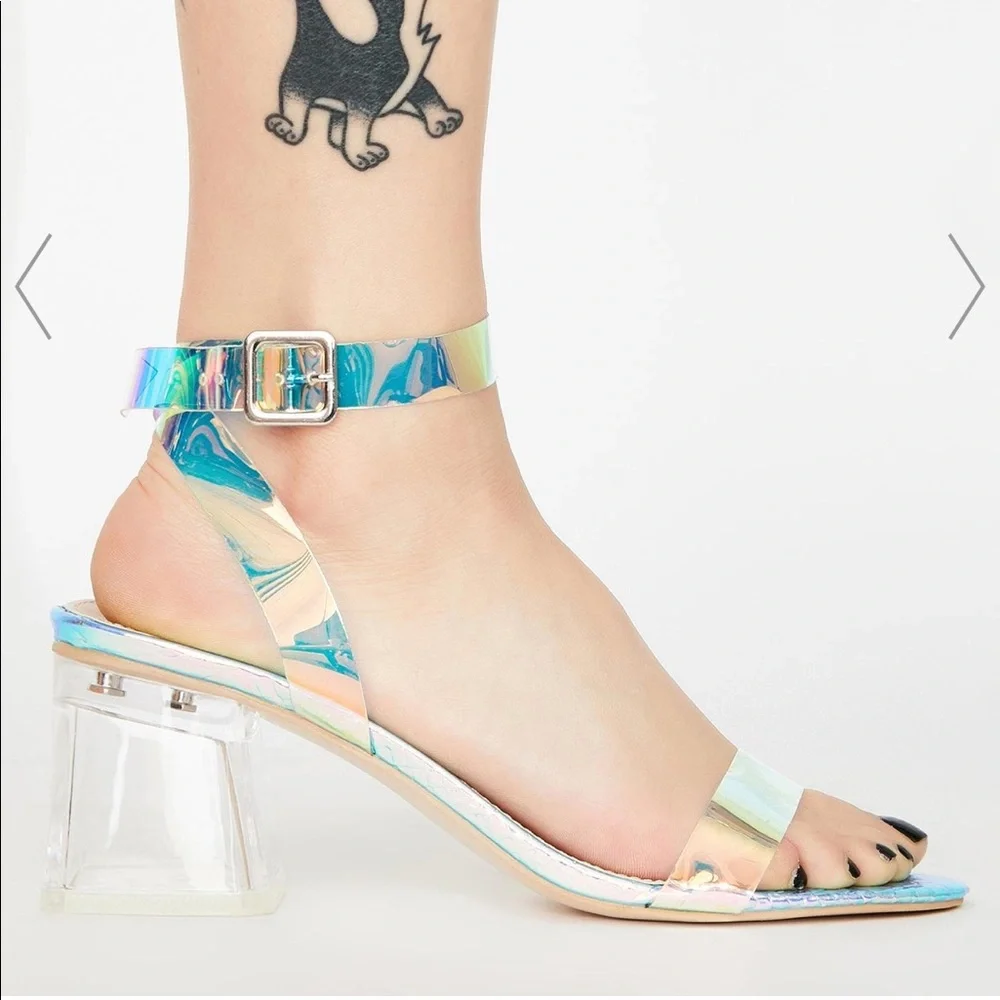 Public Desire Iridescent Holographic Strap Block Heel Sandals